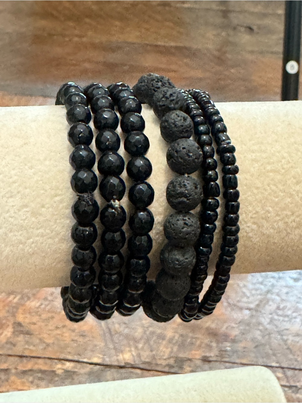 Set of 6 Black Beaded Stretch Bracelets with one Lava Stone